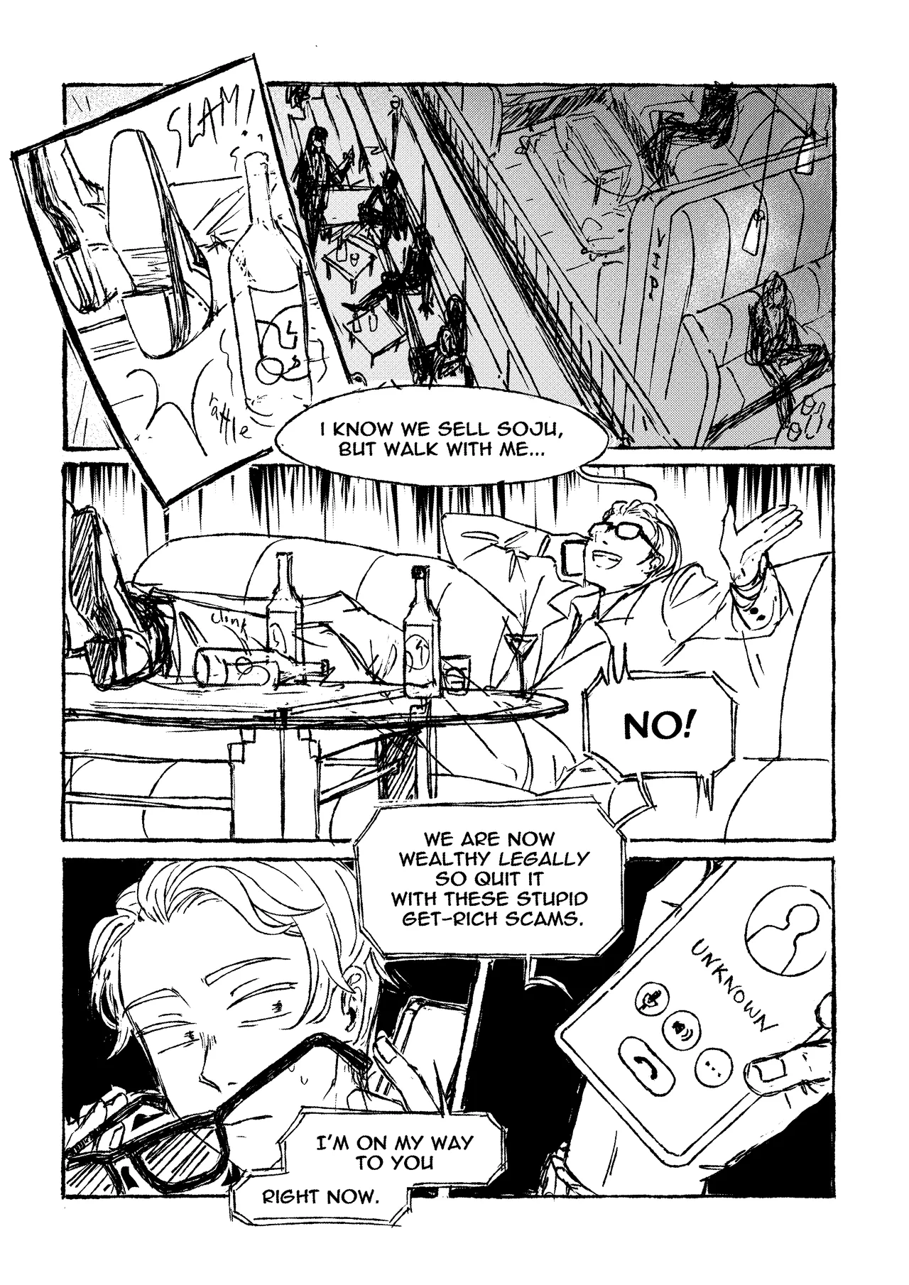 Barnicus makes his case; Husky isn't buying. Back-to-Africa page 1: Barnicus on a call with Husky, ending stunned.