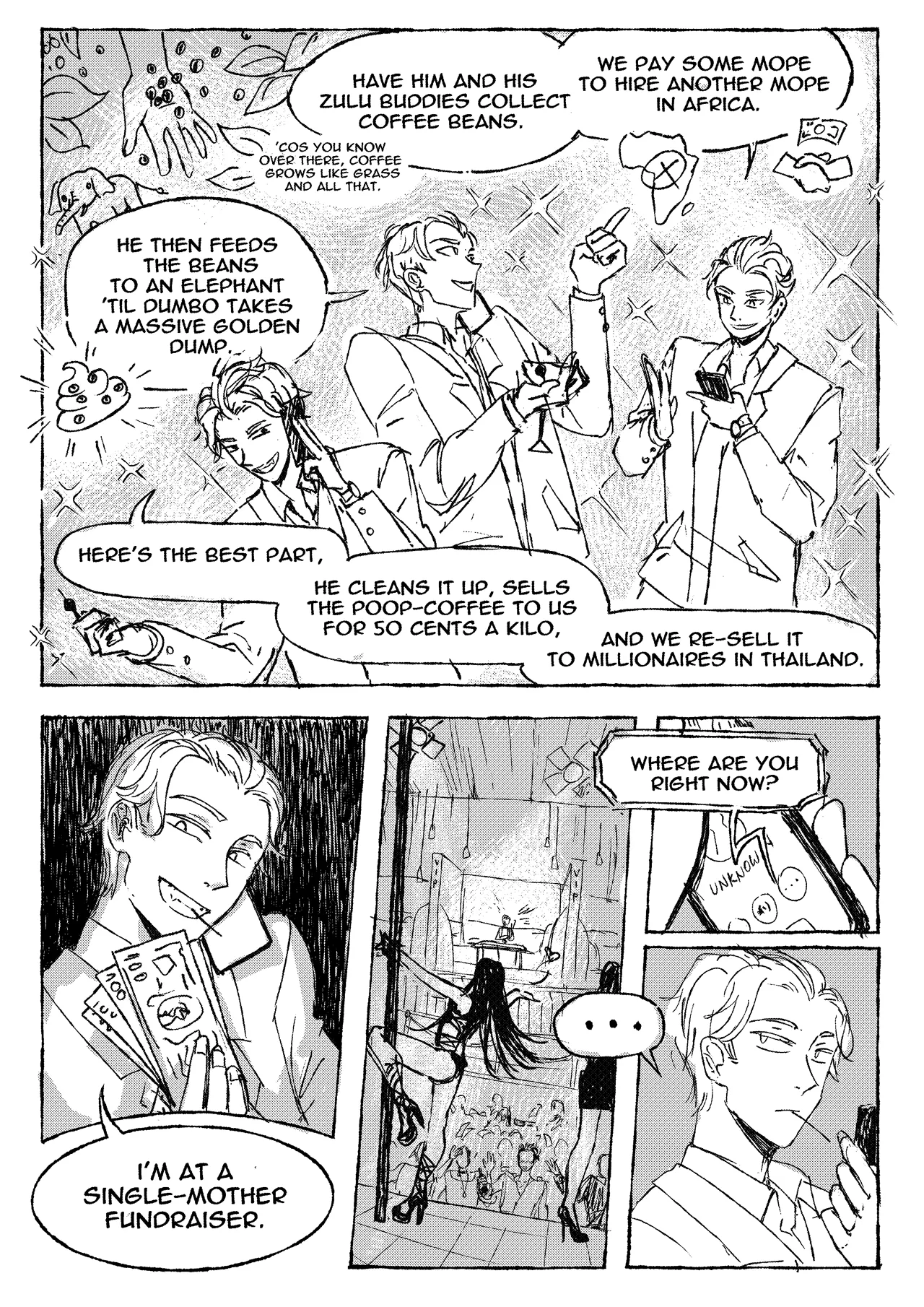 The setting flips the reader's read of Barnicus in a single panel. Back-to-Africa page 3: pull-back reveals Barnicus in a strip-club booth.