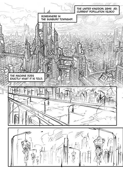 A Boy Named Dorothy page 1 storyboard establishing the bleak Sunbury Township in 2845 AD.