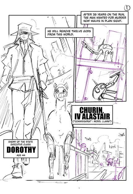 Storyboard for page 2 introducing Dorothy and his biomechanical companion Churin on the empty highway.