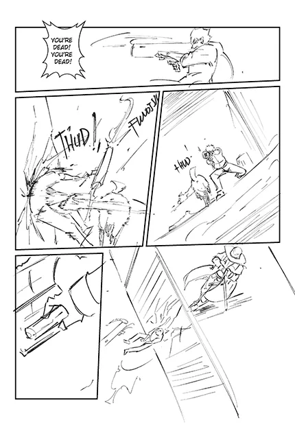 Page 6 storyboard showing Dorothy entering the heart of the incident under heavy mechanical skies.