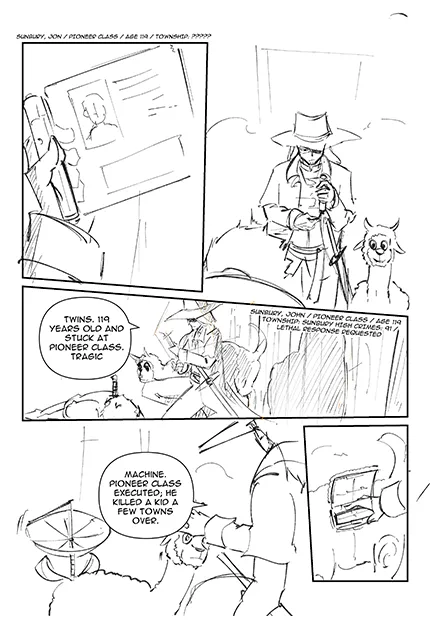 Page 7 storyboard weaving world lore into the resolution of the first incident.