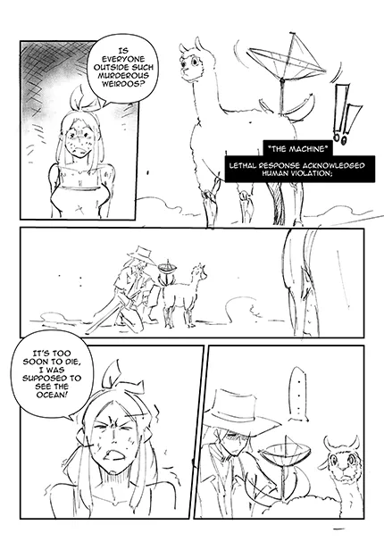 Page 8 storyboard introducing Dorothy's frantic cousin Delhi without leaking later plot beats.