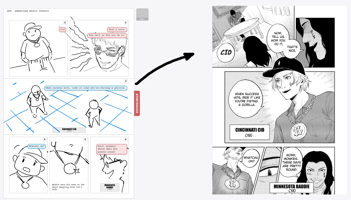 Salaryman manga storyboard compared to finished artwork