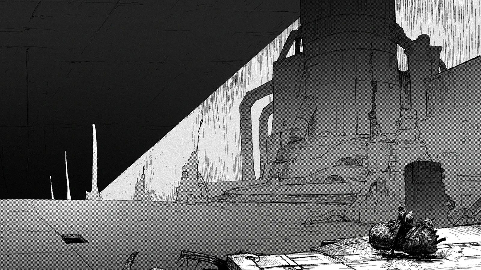 Cover art of Zeno, a lone woman with a mysterious figure on her back, standing on a runway in a vast desolate world.