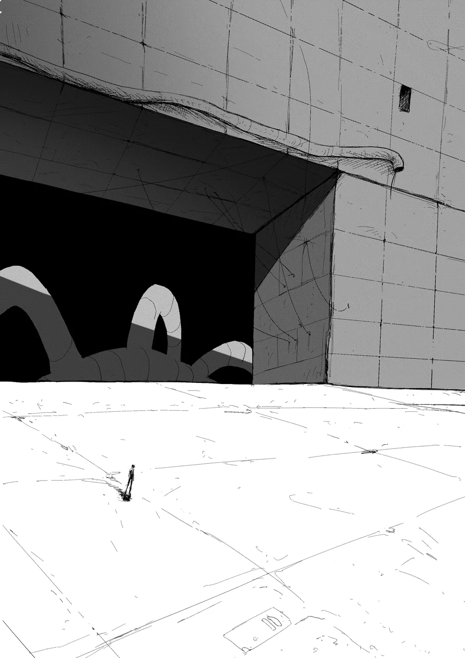 A full-page splash slows the reader down and sets the world. Splash page of Zeno standing on an empty runway in a vast desolate world, her back to the reader as she takes in the horizon.