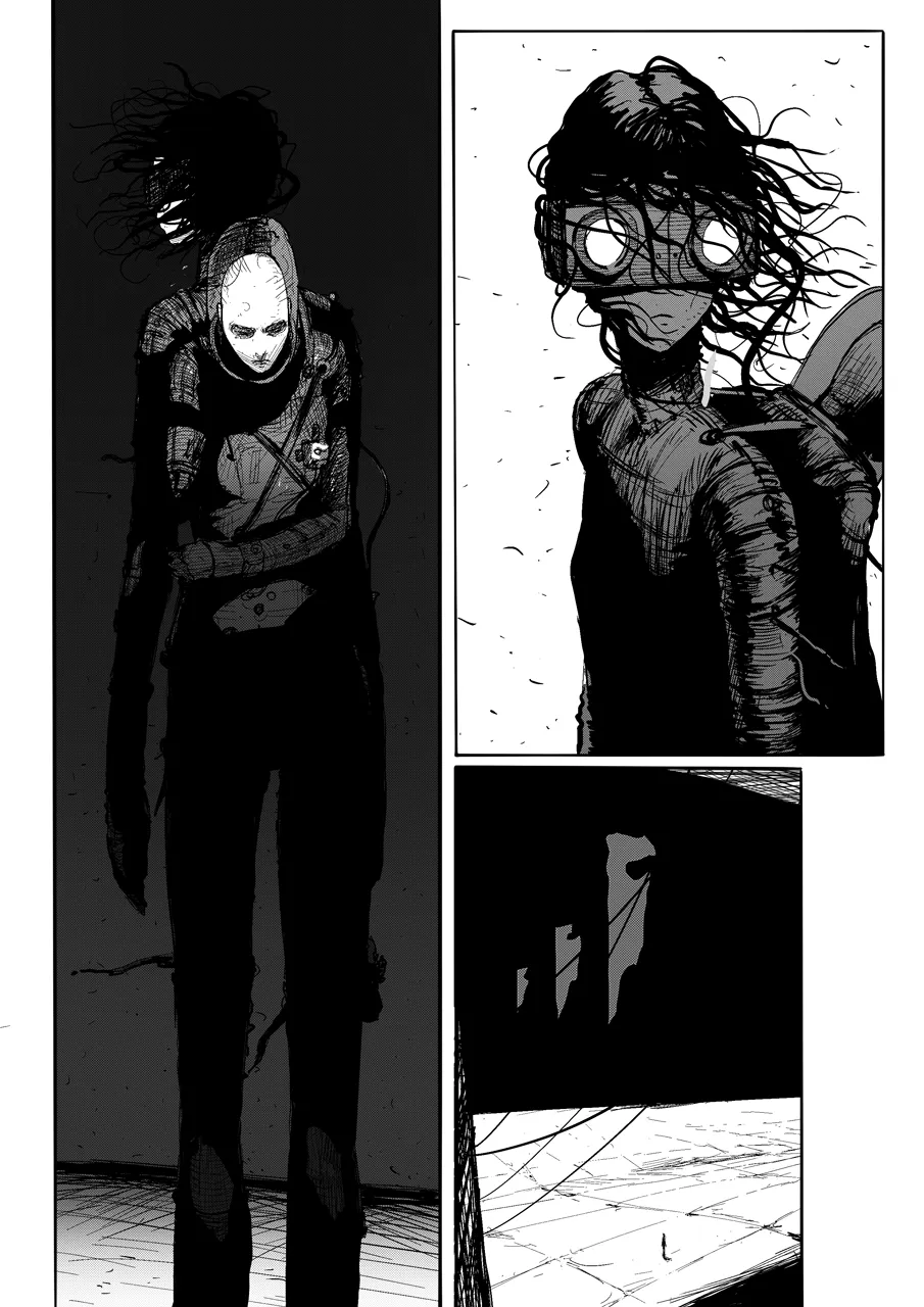 Repeating the same pose across three panels stretches the moment. Three stacked close-up panels of Zeno on a runway, each showing her looking left, revealing goggles and a figure on her back.