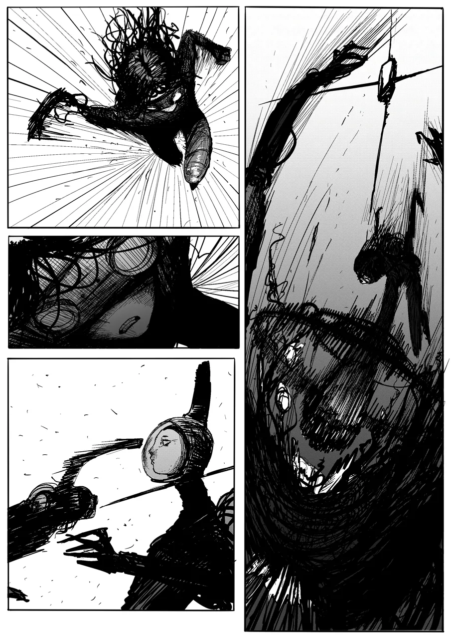 Small panels compress motion; the big panel lets the payoff land. Three small keyframes of Zeno charging a punch, then a half-page panel of the enemy's head exploding on impact.