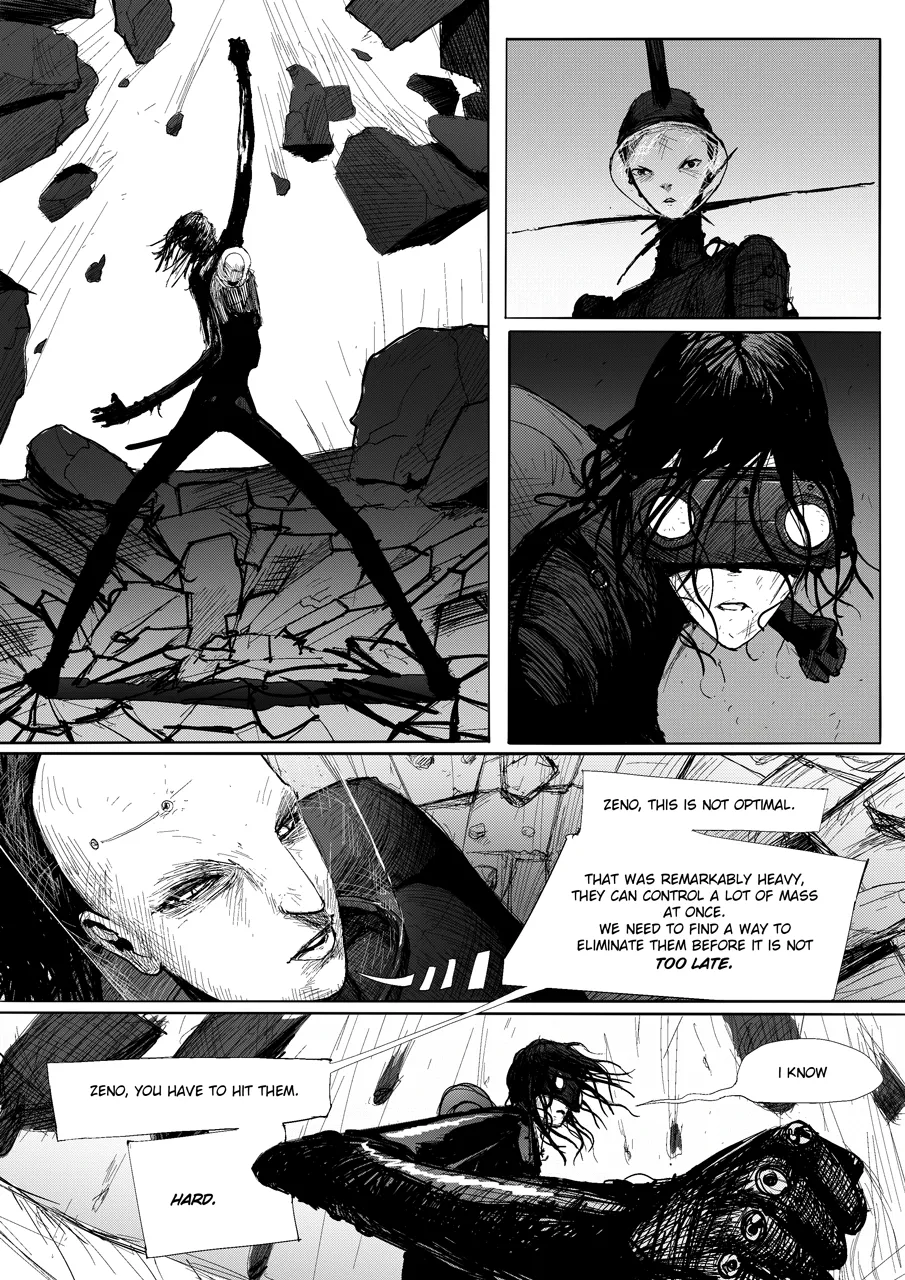Reaction panels let the reader pause and reassess with the characters. Zeno shatters a giant boulder, then two reaction panels of her and the enemy silently sizing each other up.