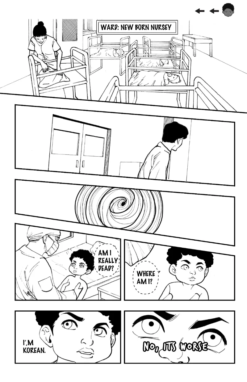 Page 4 storyboard — Dequan is reborn in a Korean hospital nursery and realises with horror that he is now Korean.