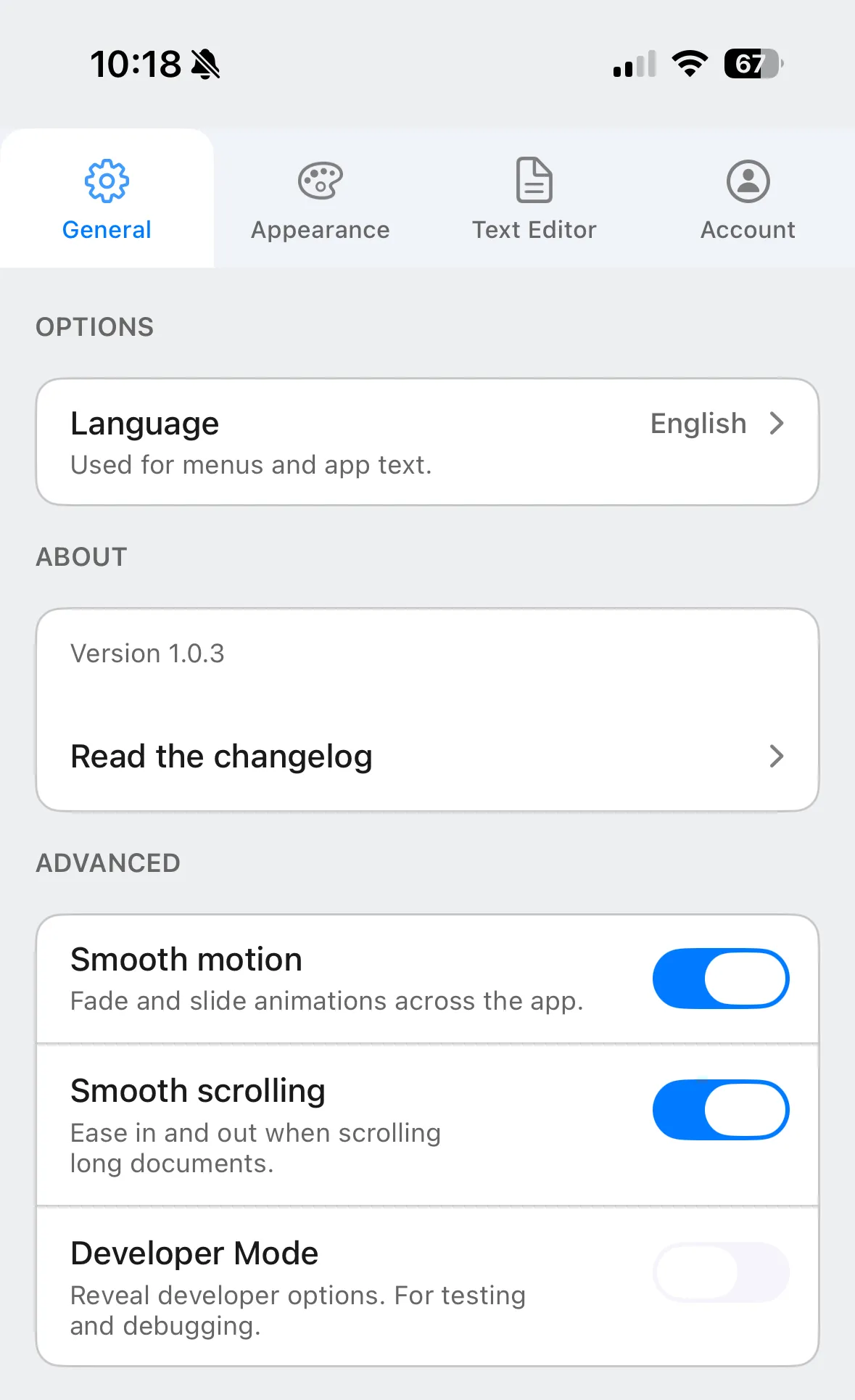 General settings in Mangaplay Screenplay Writer, including language and app options