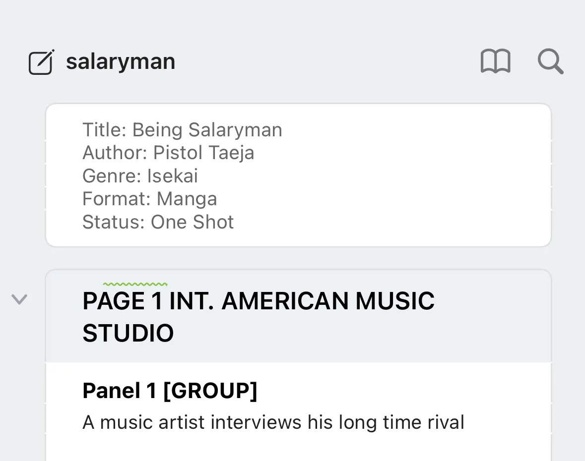 The Mangaplay Screenplay Writer script editor showing title page metadata, a page marker, a panel marker and an action line