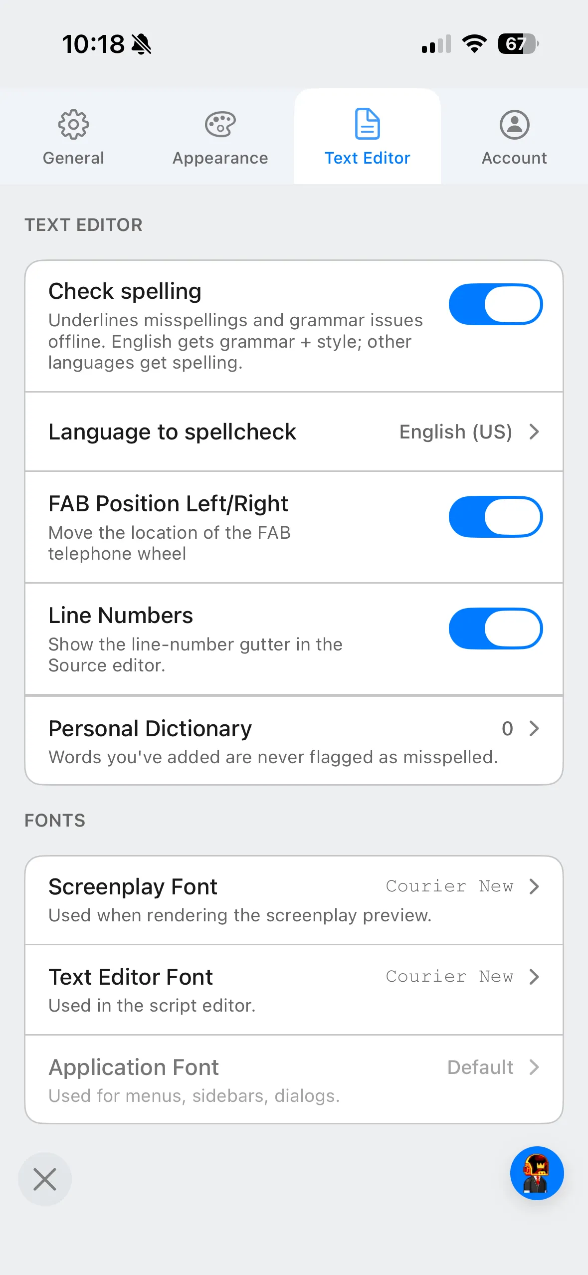Text editor settings in Mangaplay Screenplay Writer, including spellcheck, line numbers and fonts